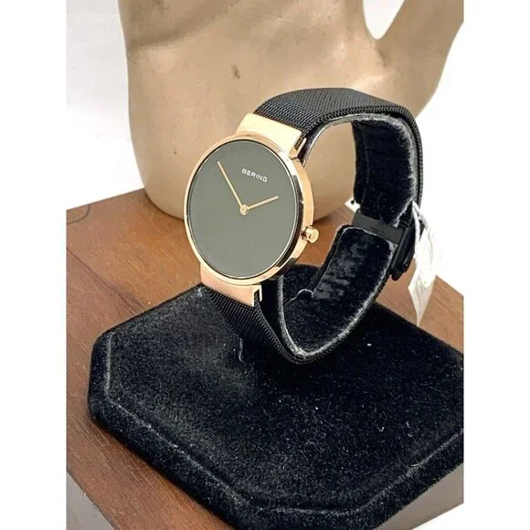 Bering Women's Watch 14531-166 Quartz Rose Gold Black Mesh Stainless Ste…